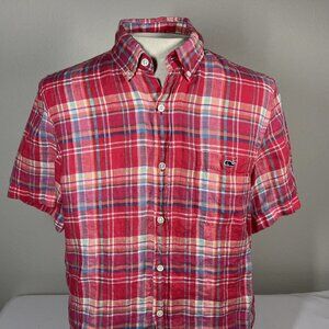 Vineyard Vines Linen Shirt Plaid Short Sleeve Mens Medium Slim Fit Tucker